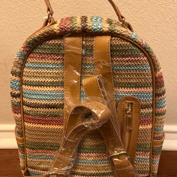 NEW NWT TOMMY BAHAMA Straw-Striped Backpack MULTI COLOR Brown Pink Zip Around - Picture 8 of 10